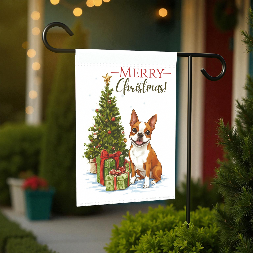 Red Boston Terrier and Presents Christmas Garden Flag - product detail - Dragonfire Gardens