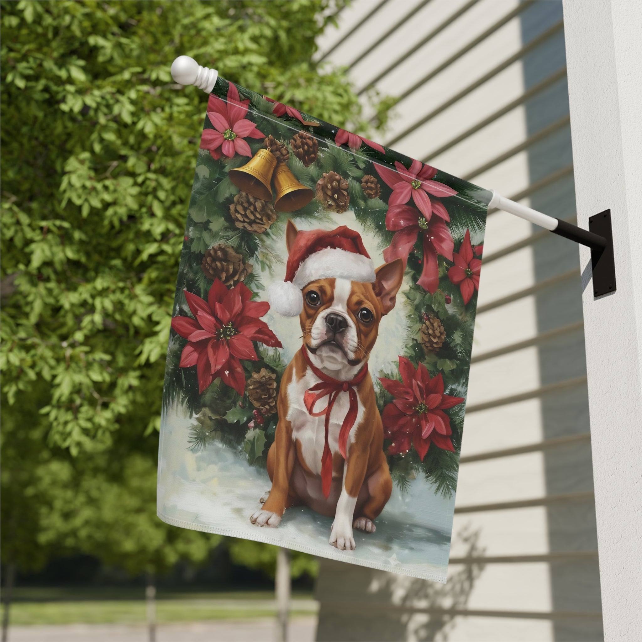Poinsettia and Pinecone Wreath Red Boston Terrier Garden Flag - close-up detail - Dragonfire Gardens