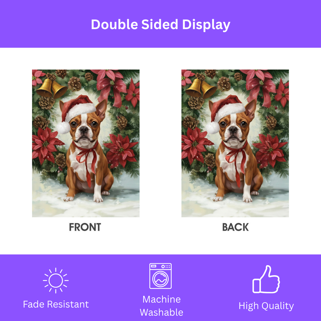 Poinsettia and Pinecone Wreath Red Boston Terrier Garden Flag - double-sided design - Dragonfire Gardens