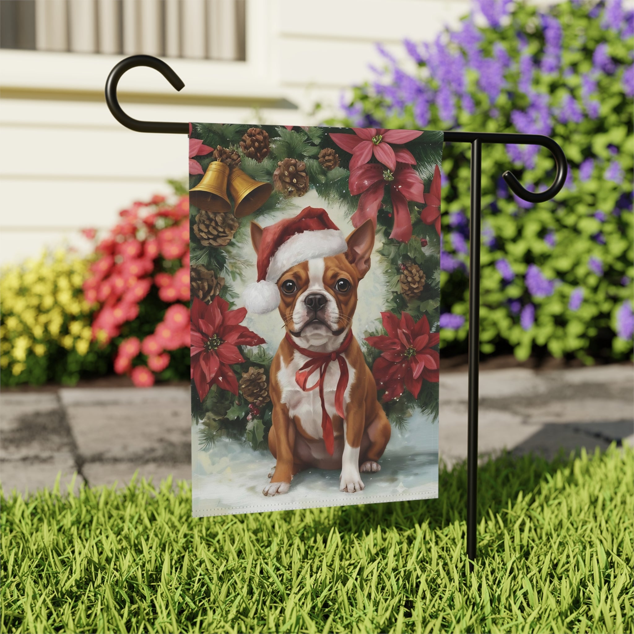 Poinsettia and Pinecone Wreath Red Boston Terrier Garden Flag - outdoor display - Dragonfire Gardens