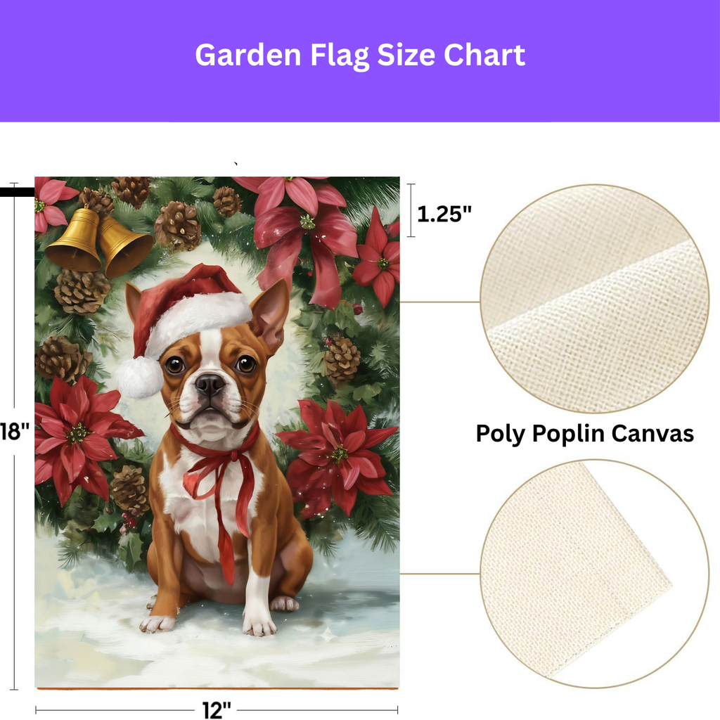 Poinsettia and Pinecone Wreath Red Boston Terrier Garden Flag - porch decor - Dragonfire Gardens