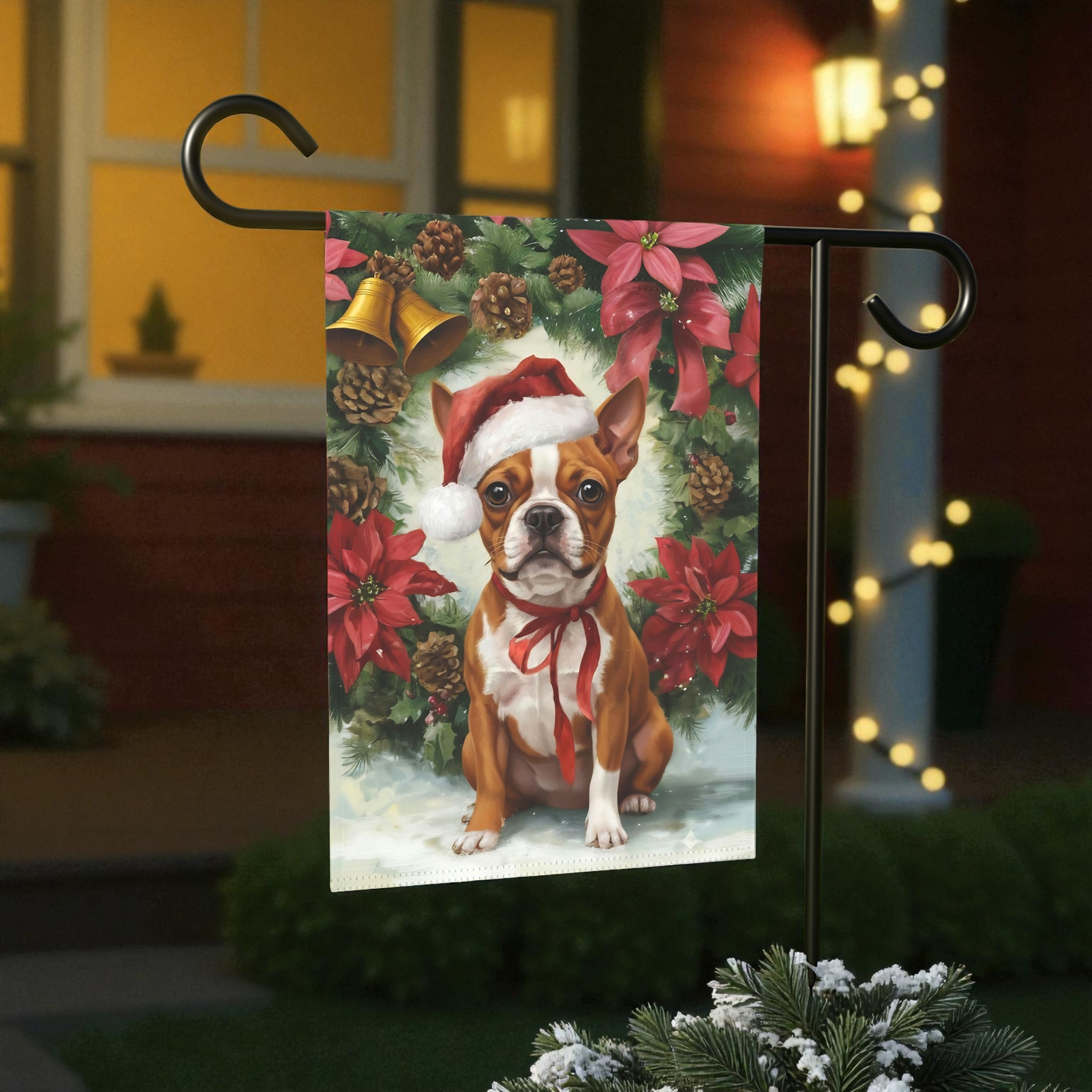 Poinsettia and Pinecone Wreath Red Boston Terrier Garden Flag - size comparison - Dragonfire Gardens