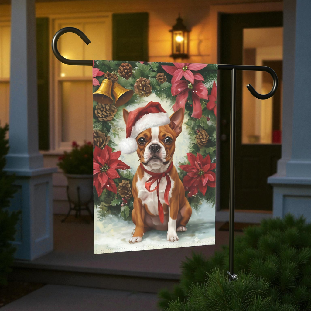 Poinsettia and Pinecone Wreath Red Boston Terrier Garden Flag - lifestyle display - Dragonfire Gardens