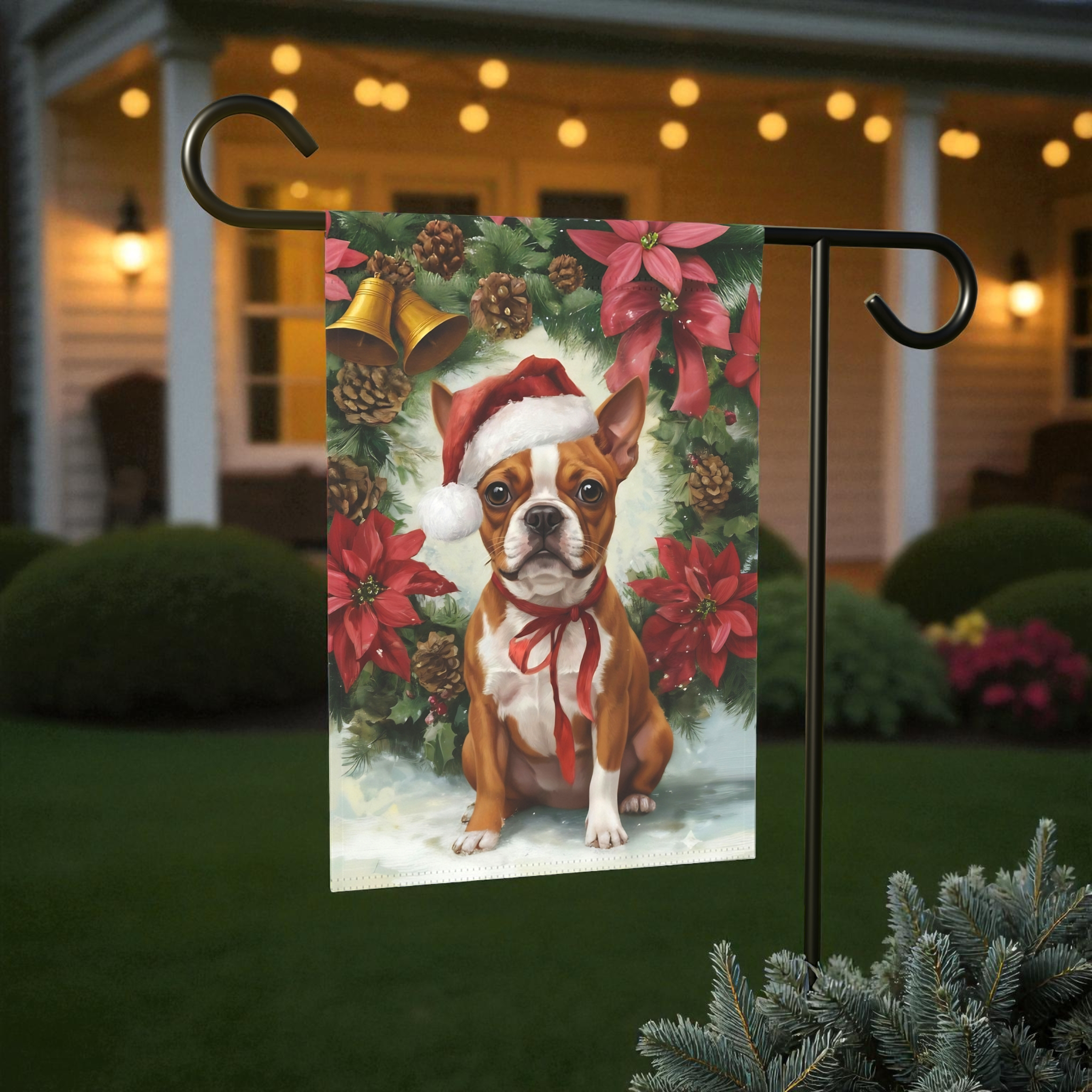 Poinsettia and Pinecone Wreath Red Boston Terrier Garden Flag - product detail - Dragonfire Gardens