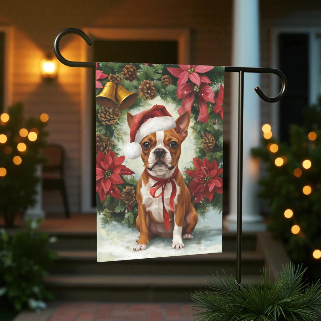 Poinsettia and Pinecone Wreath Red Boston Terrier Garden Flag - front view - Dragonfire Gardens