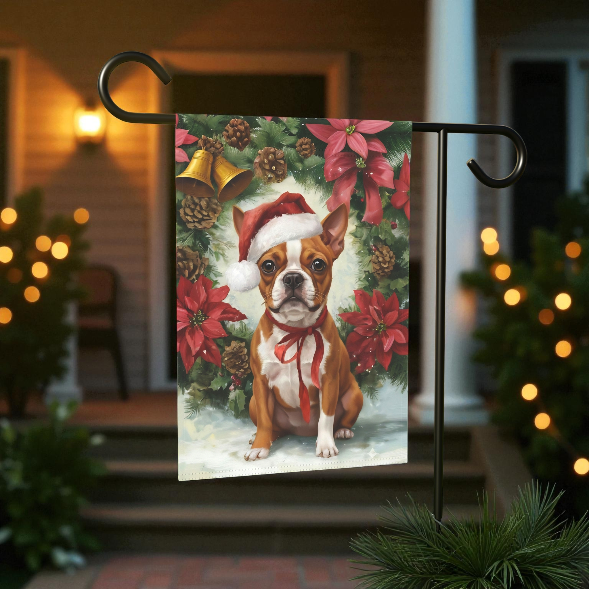Poinsettia and Pinecone Wreath Red Boston Terrier Garden Flag - front view - Dragonfire Gardens