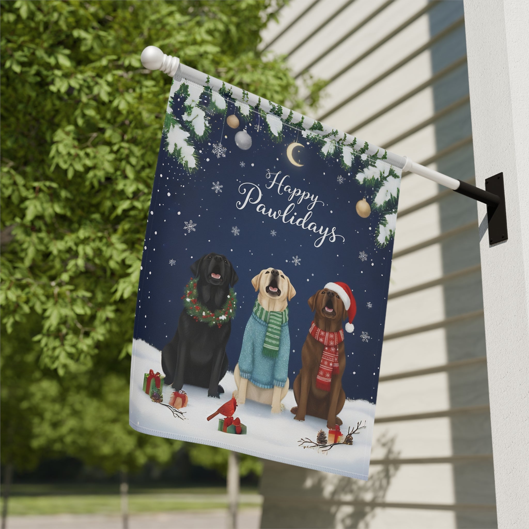 Happy Pawlidays Labrador Retrievers Garden Flag - close-up detail - Dragonfire Gardens