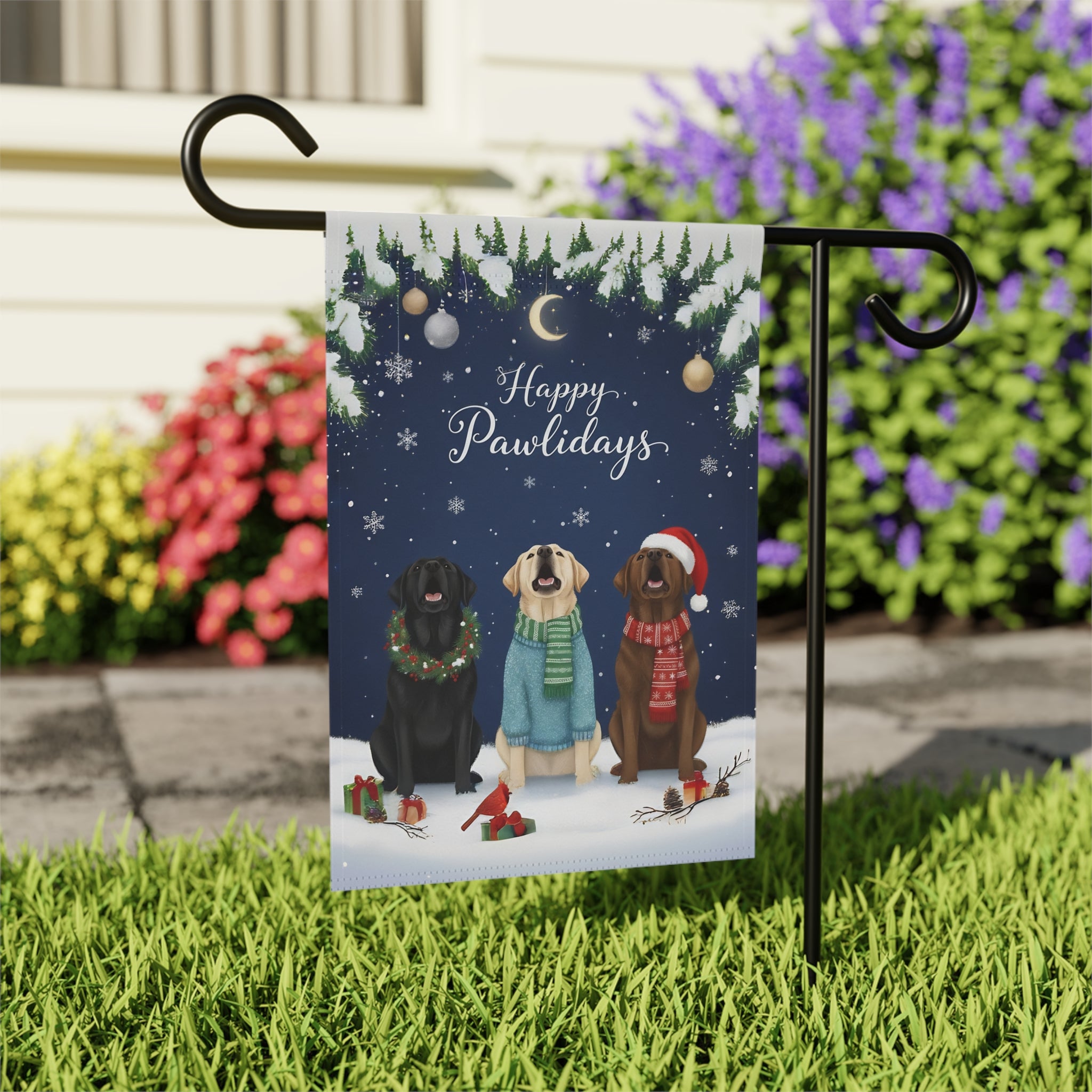 Happy Pawlidays Labrador Retrievers Garden Flag - outdoor display - Dragonfire Gardens