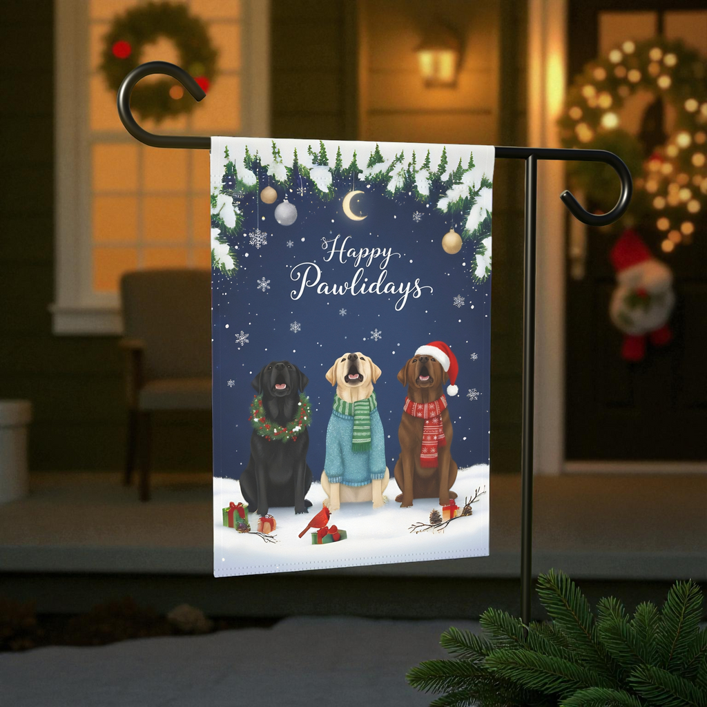 Happy Pawlidays Labrador Retrievers Garden Flag - lifestyle display - Dragonfire Gardens