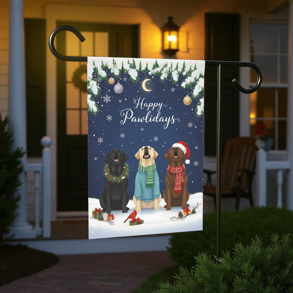 Happy Pawlidays Labrador Retrievers Garden Flag - size comparison - Dragonfire Gardens