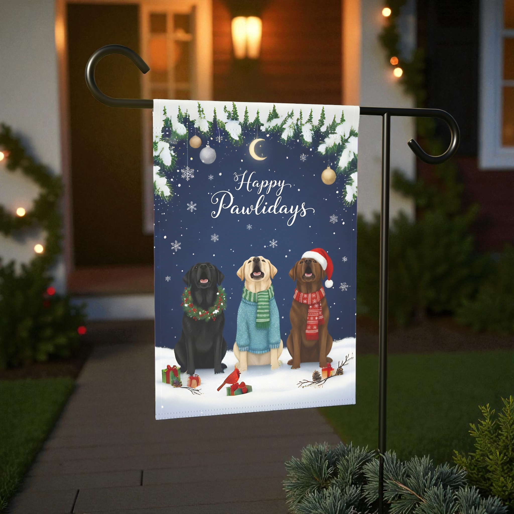 Happy Pawlidays Labrador Retrievers Garden Flag - front view - Dragonfire Gardens