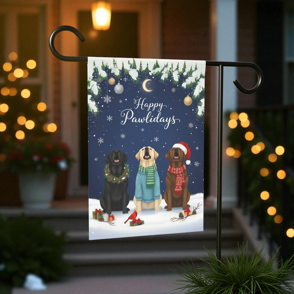 Happy Pawlidays Labrador Retrievers Garden Flag - product detail - Dragonfire Gardens