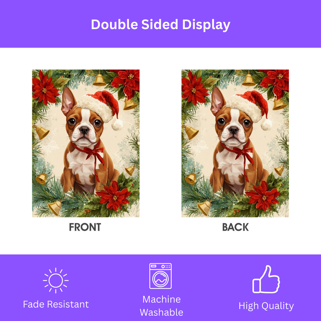 Poinsettia Wreath Red Boston Terrier Christmas Garden Flag - double-sided design - Dragonfire Gardens