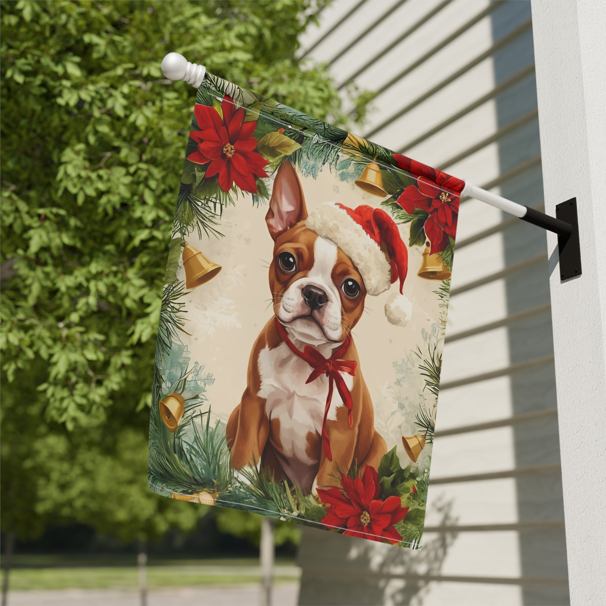 Poinsettia Wreath Red Boston Terrier Christmas Garden Flag - close-up detail - Dragonfire Gardens