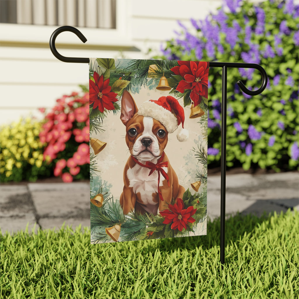Poinsettia Wreath Red Boston Terrier Christmas Garden Flag - outdoor display - Dragonfire Gardens