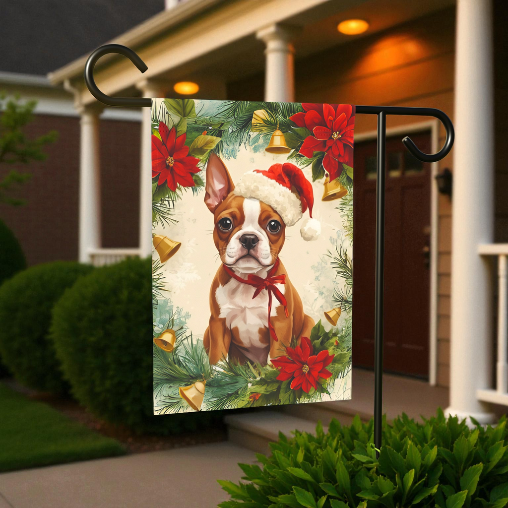 Poinsettia Wreath Red Boston Terrier Christmas Garden Flag - size comparison - Dragonfire Gardens