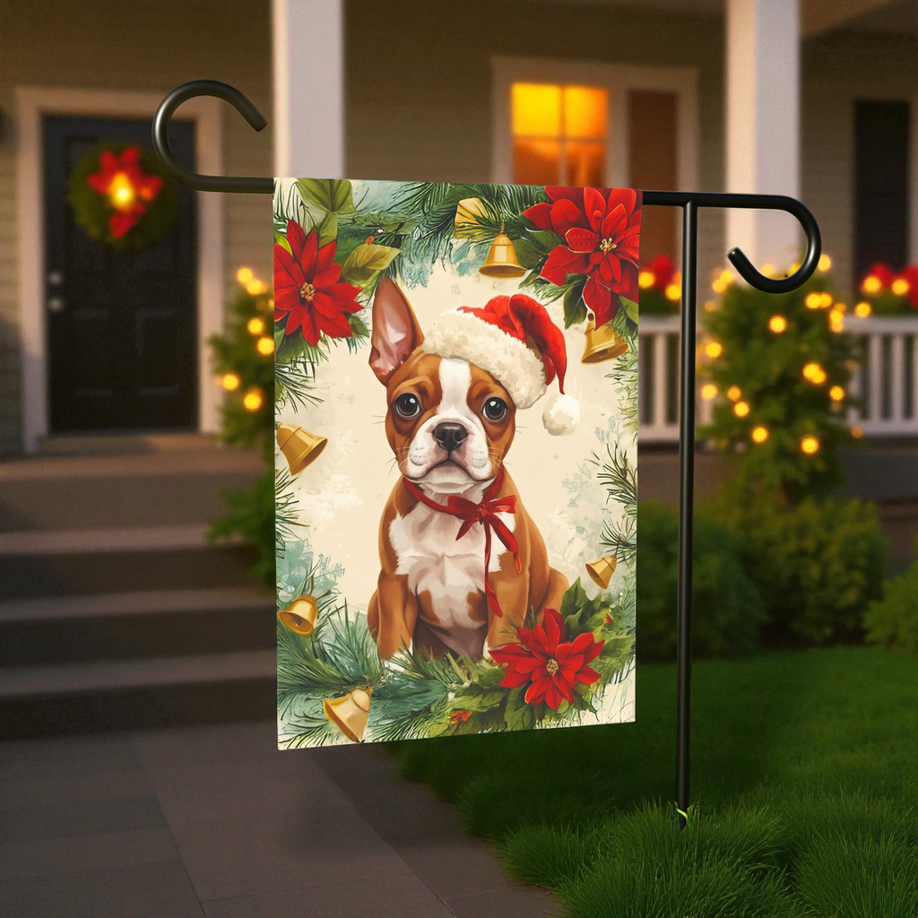 Poinsettia Wreath Red Boston Terrier Christmas Garden Flag - front view - Dragonfire Gardens