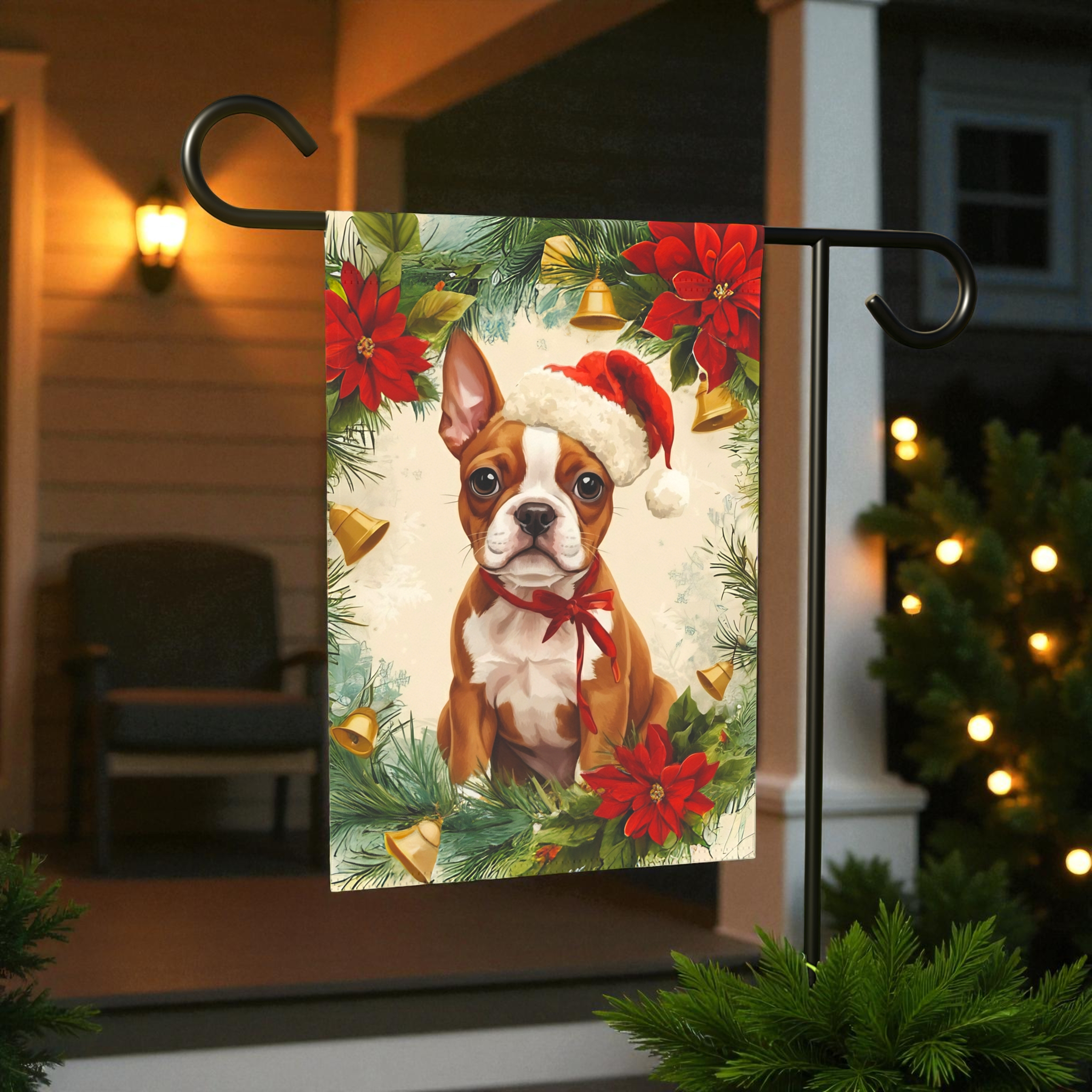 Poinsettia Wreath Red Boston Terrier Christmas Garden Flag - lifestyle display - Dragonfire Gardens