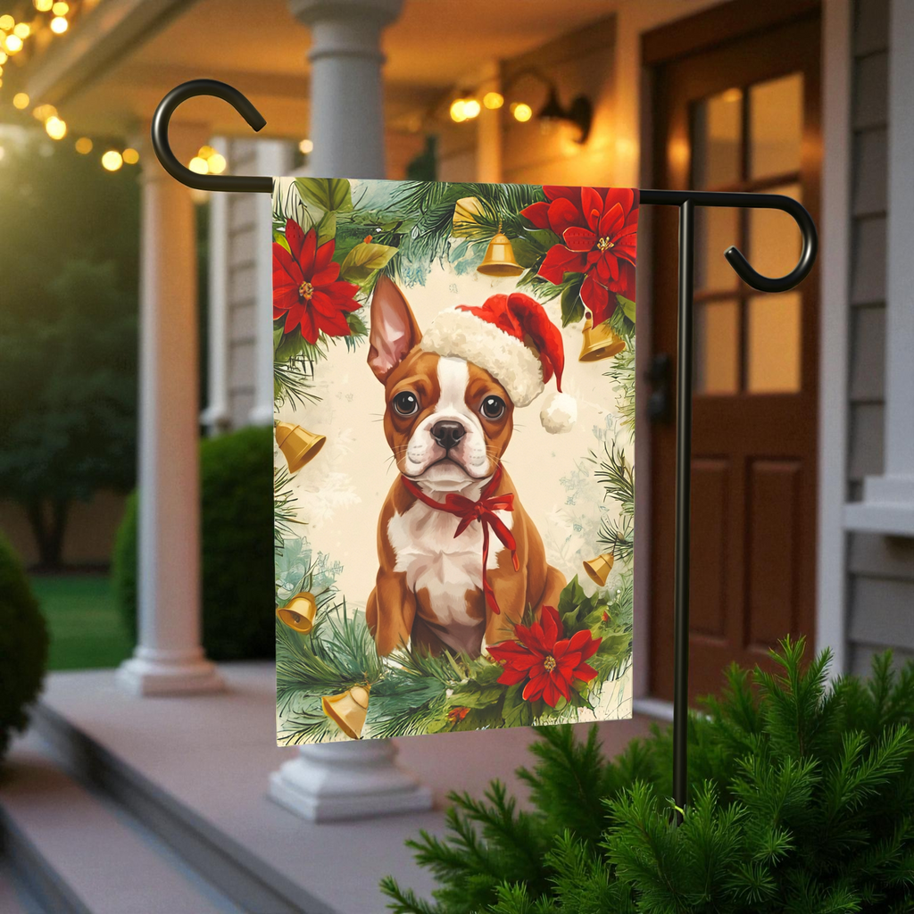 Poinsettia Wreath Red Boston Terrier Christmas Garden Flag - product detail - Dragonfire Gardens