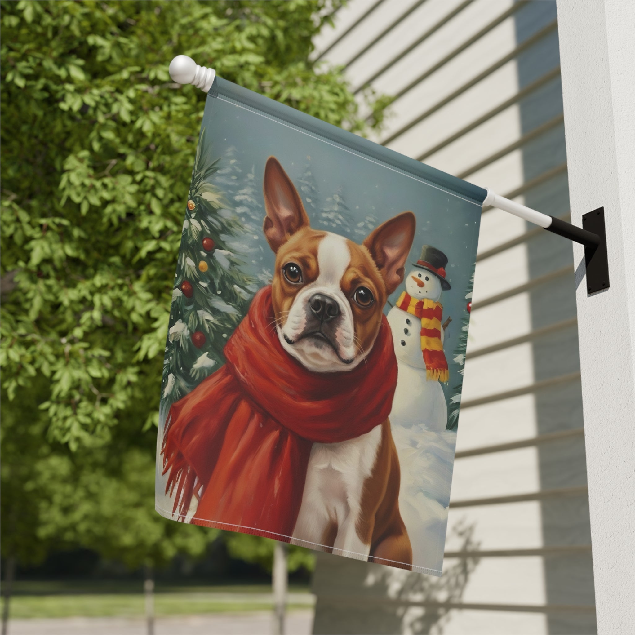 Red Scarf Red Boston Terrier Winter Garden Flag - close-up detail - Dragonfire Gardens
