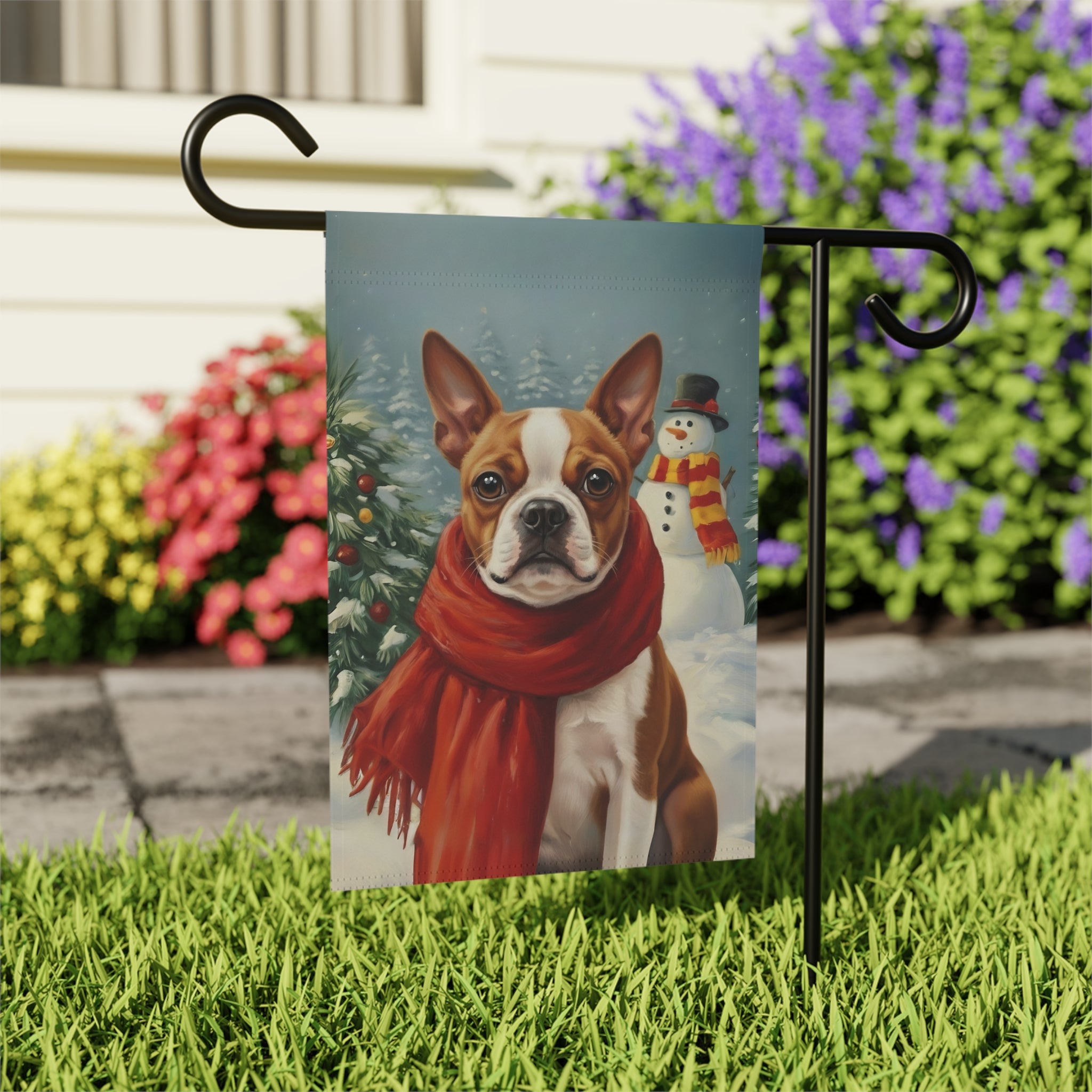 Red Scarf Red Boston Terrier Winter Garden Flag