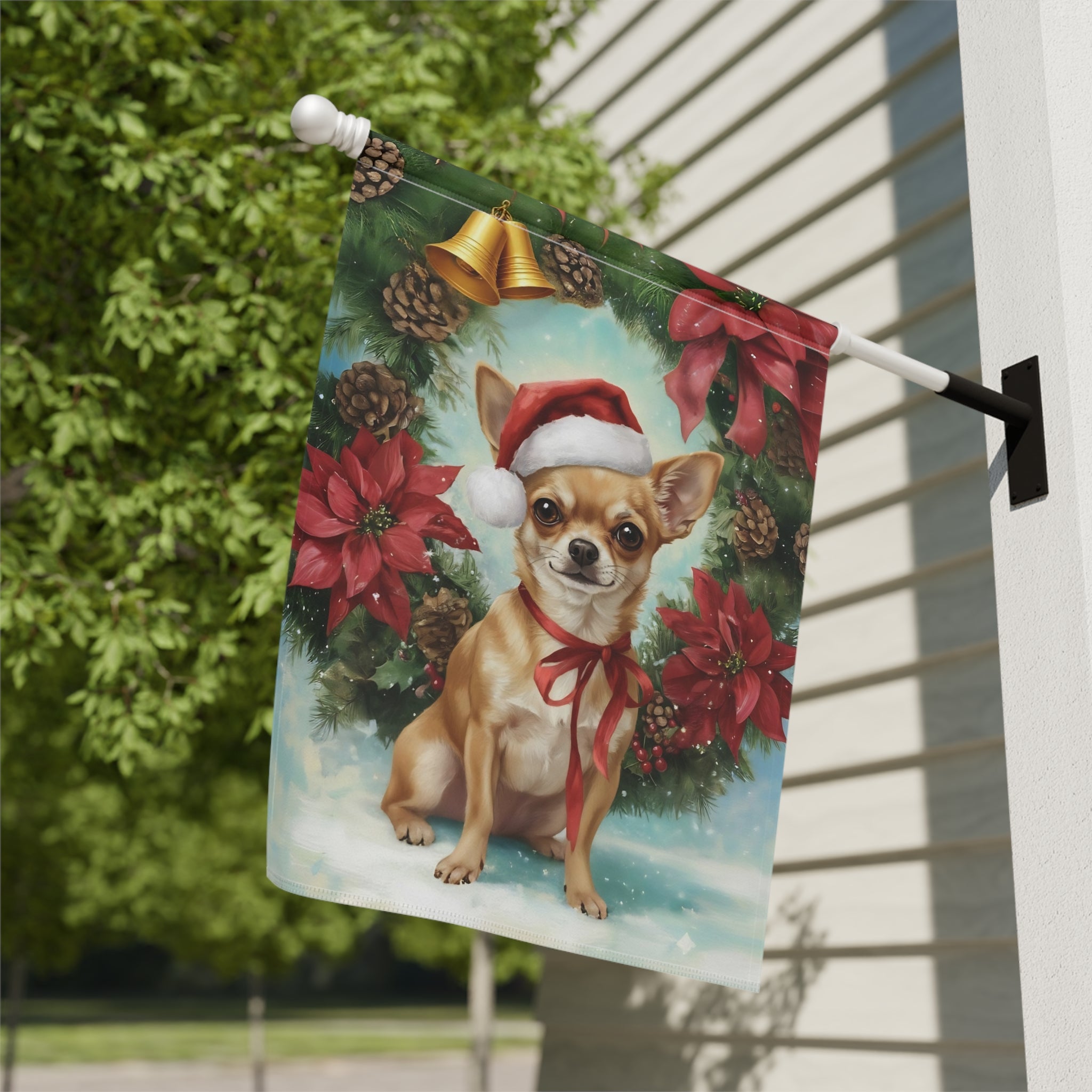 Poinsettia and Pinecone Wreath Chihuahua Garden Flag - close-up detail - Dragonfire Gardens