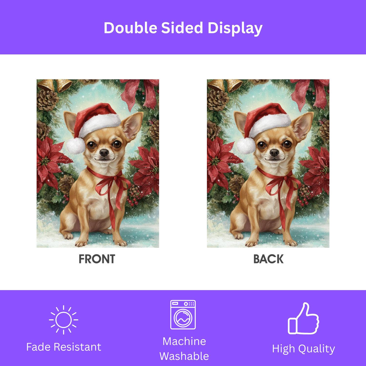 Poinsettia and Pinecone Wreath Chihuahua Garden Flag - double-sided design - Dragonfire Gardens