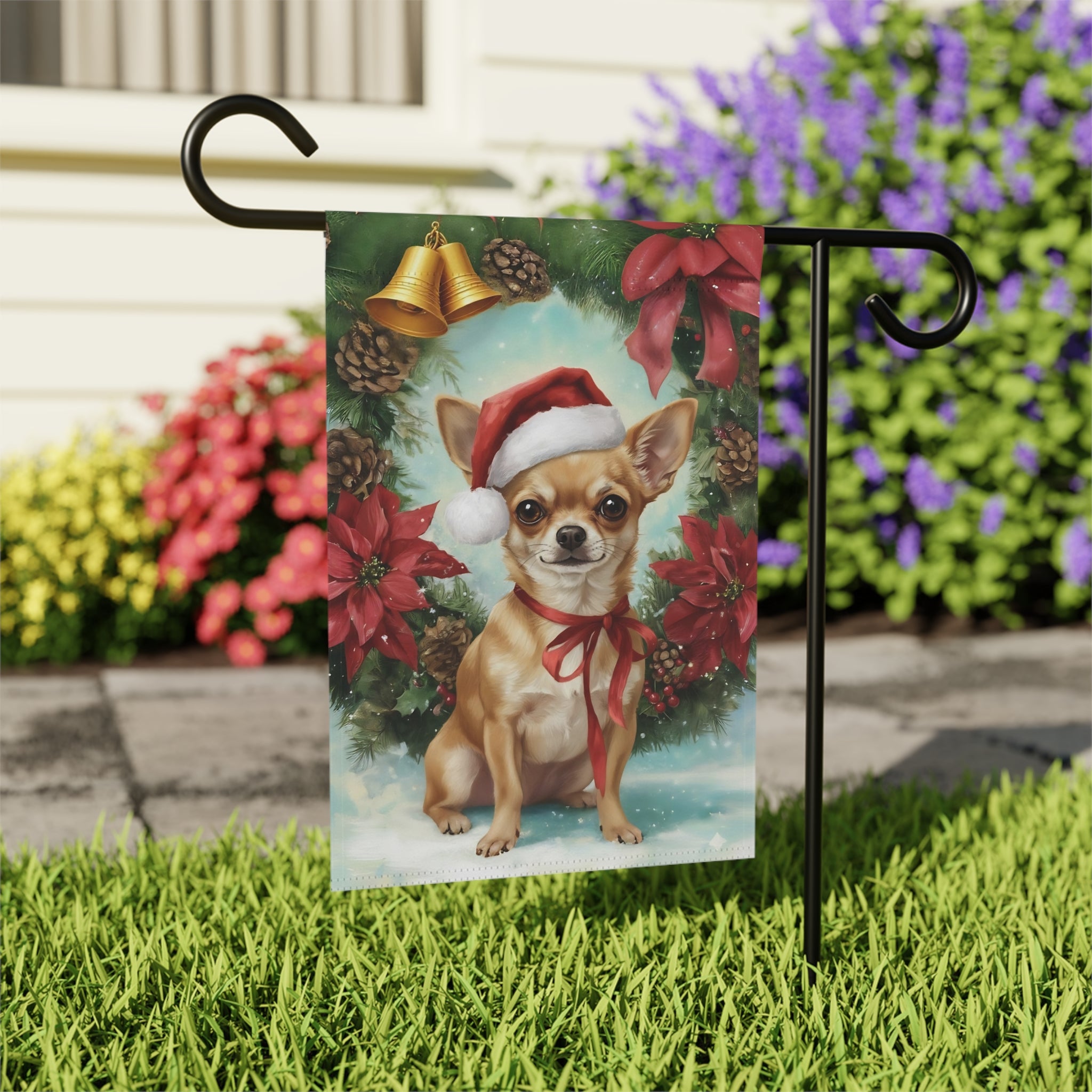 Poinsettia and Pinecone Wreath Chihuahua Garden Flag - outdoor display - Dragonfire Gardens