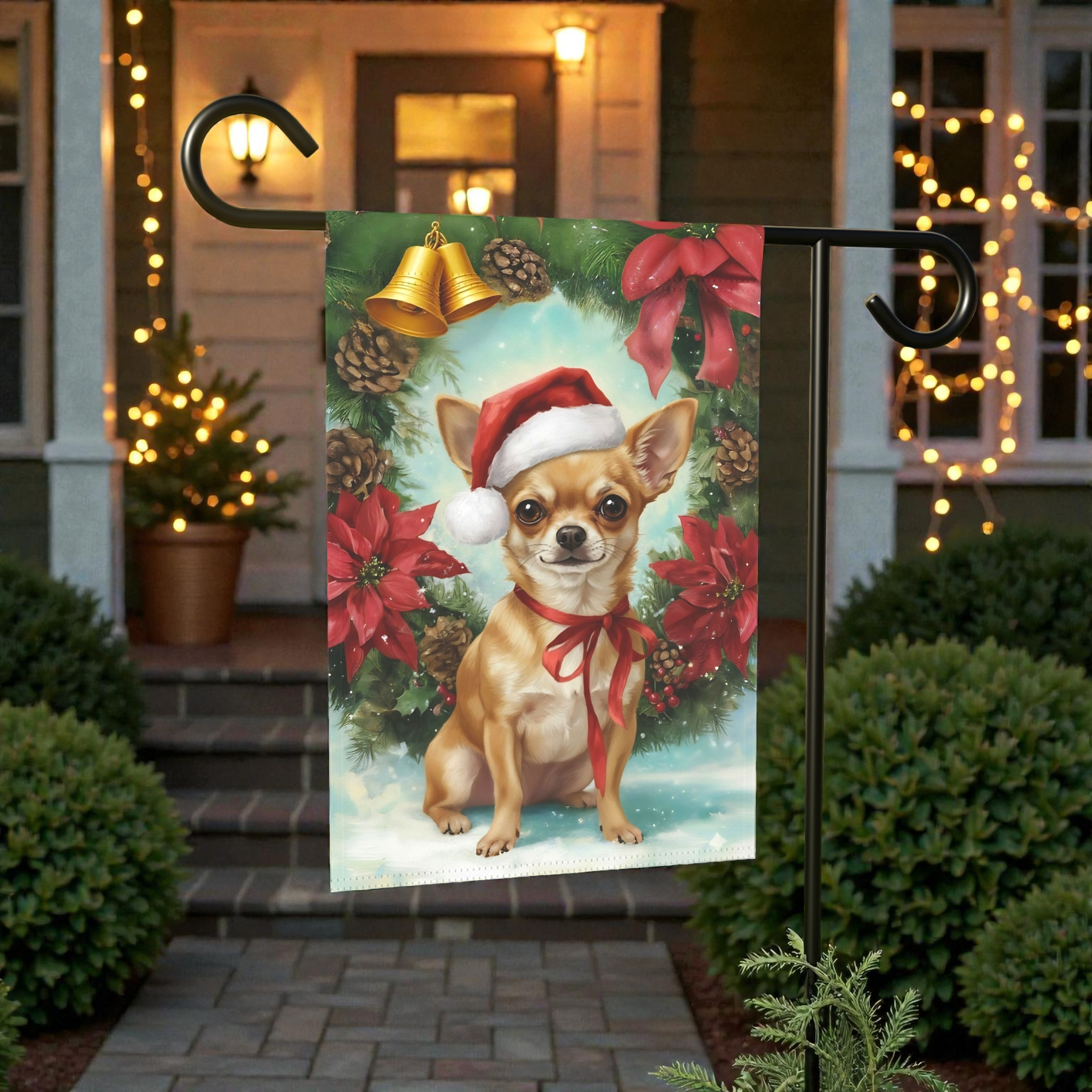 Poinsettia and Pinecone Wreath Chihuahua Garden Flag - size comparison - Dragonfire Gardens