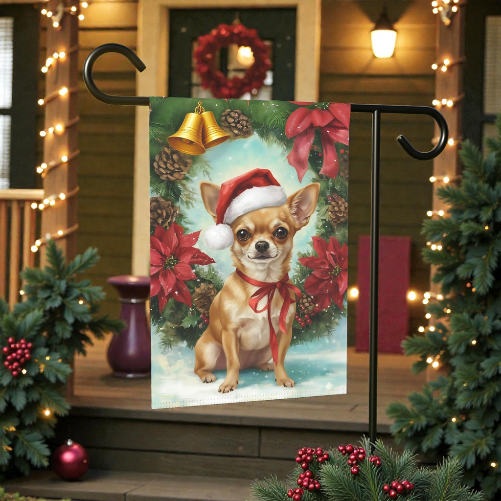 Poinsettia and Pinecone Wreath Chihuahua Garden Flag - product detail - Dragonfire Gardens
