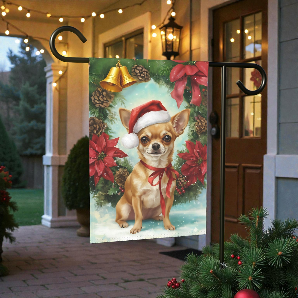 Poinsettia and Pinecone Wreath Chihuahua Garden Flag - lifestyle display - Dragonfire Gardens