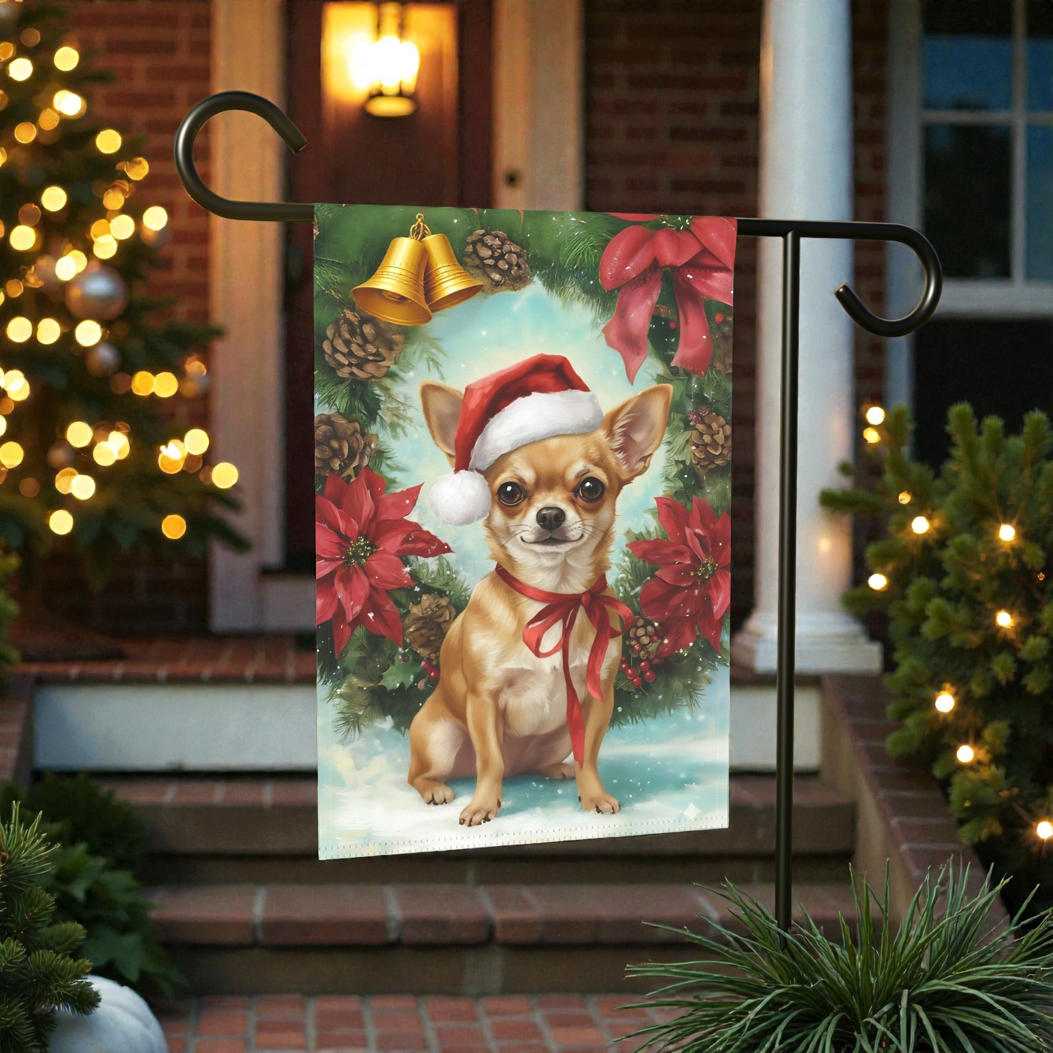 Poinsettia and Pinecone Wreath Chihuahua Garden Flag - front view - Dragonfire Gardens