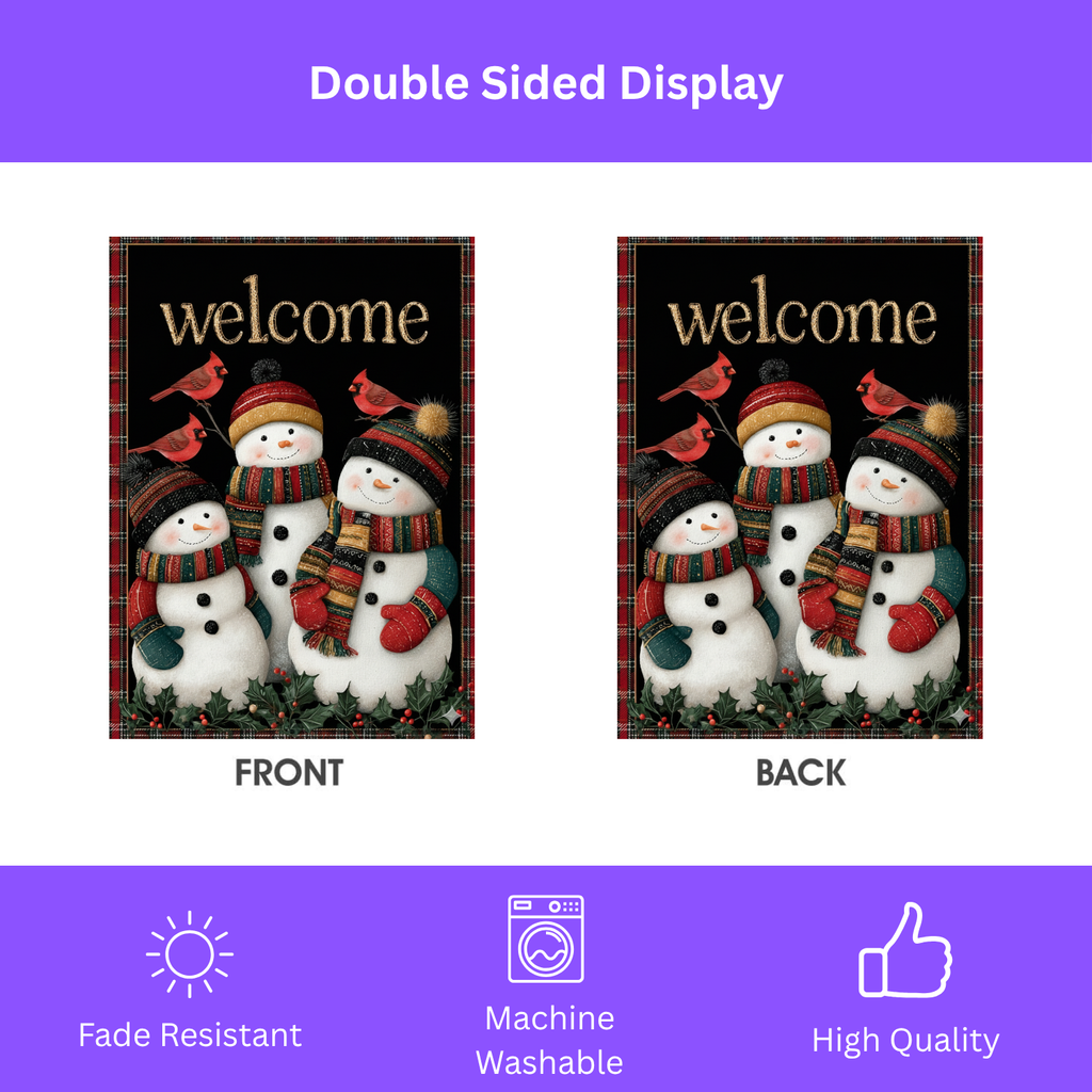 Three Snowmen and Cardinals Welcome Garden Flag