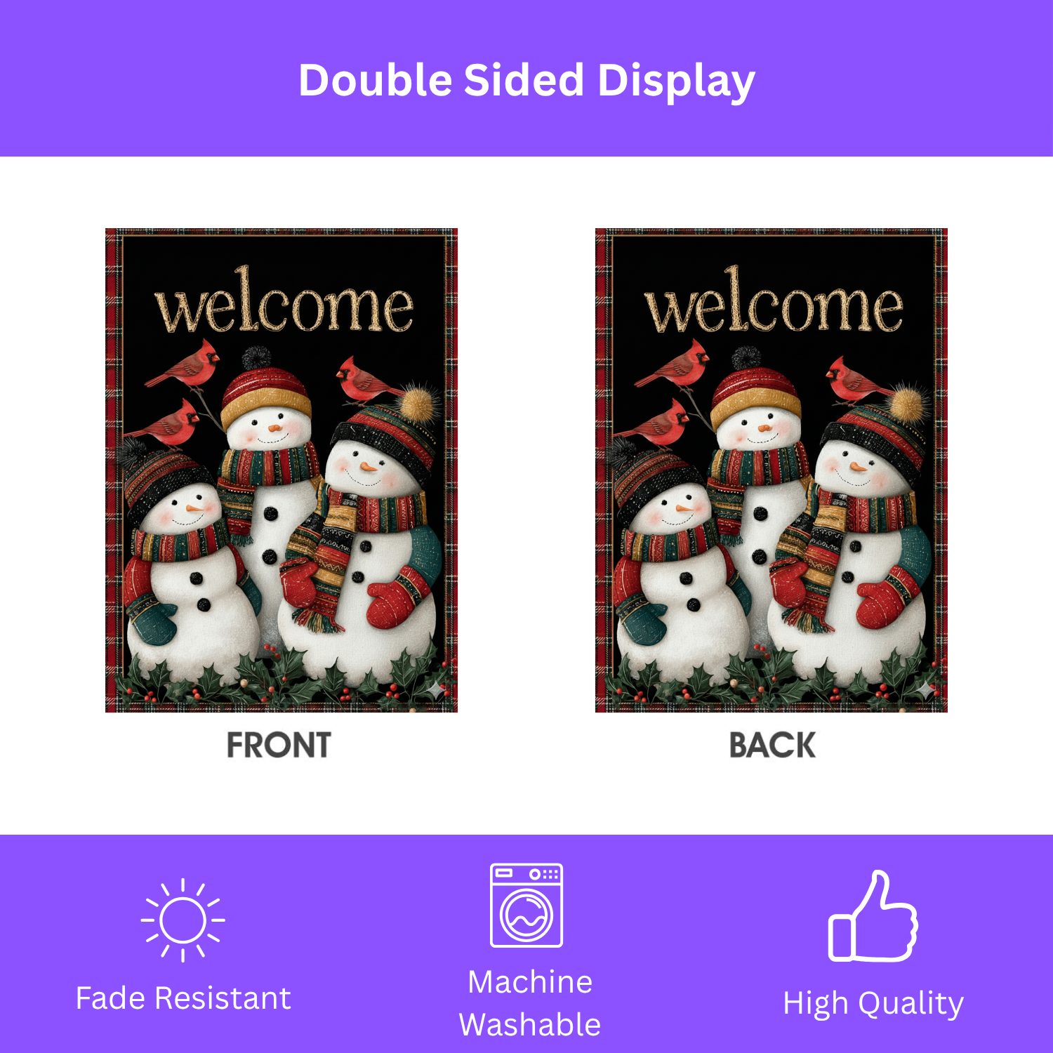 Three Snowmen and Cardinals Welcome Garden Flag