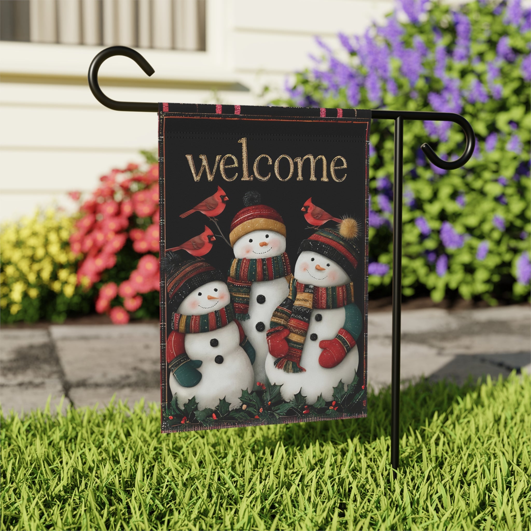 Three Snowmen and Cardinals Welcome Garden Flag