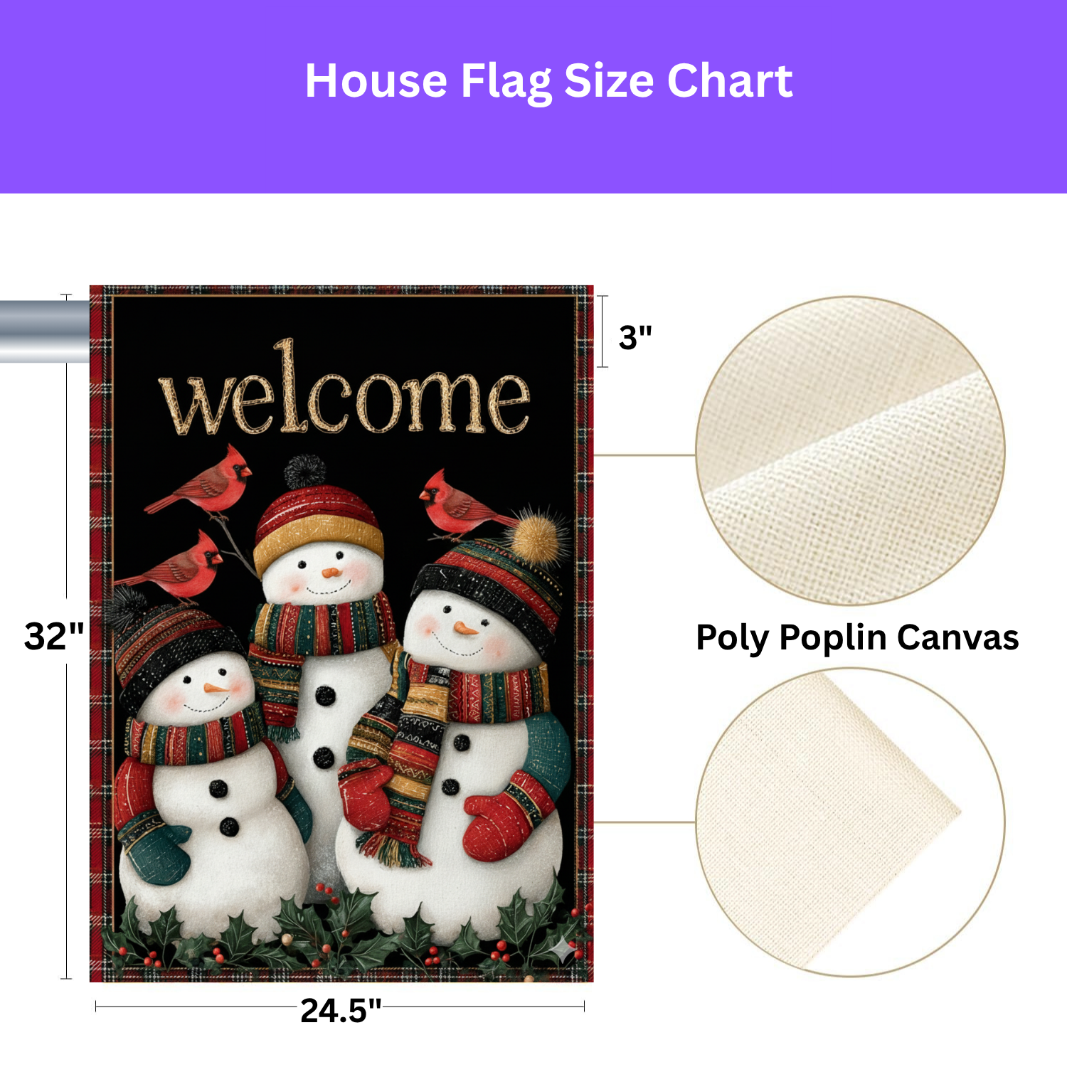 Three Snowmen and Cardinals Welcome Garden Flag