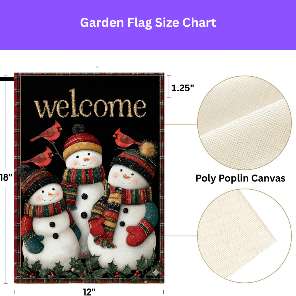 Three Snowmen and Cardinals Welcome Garden Flag