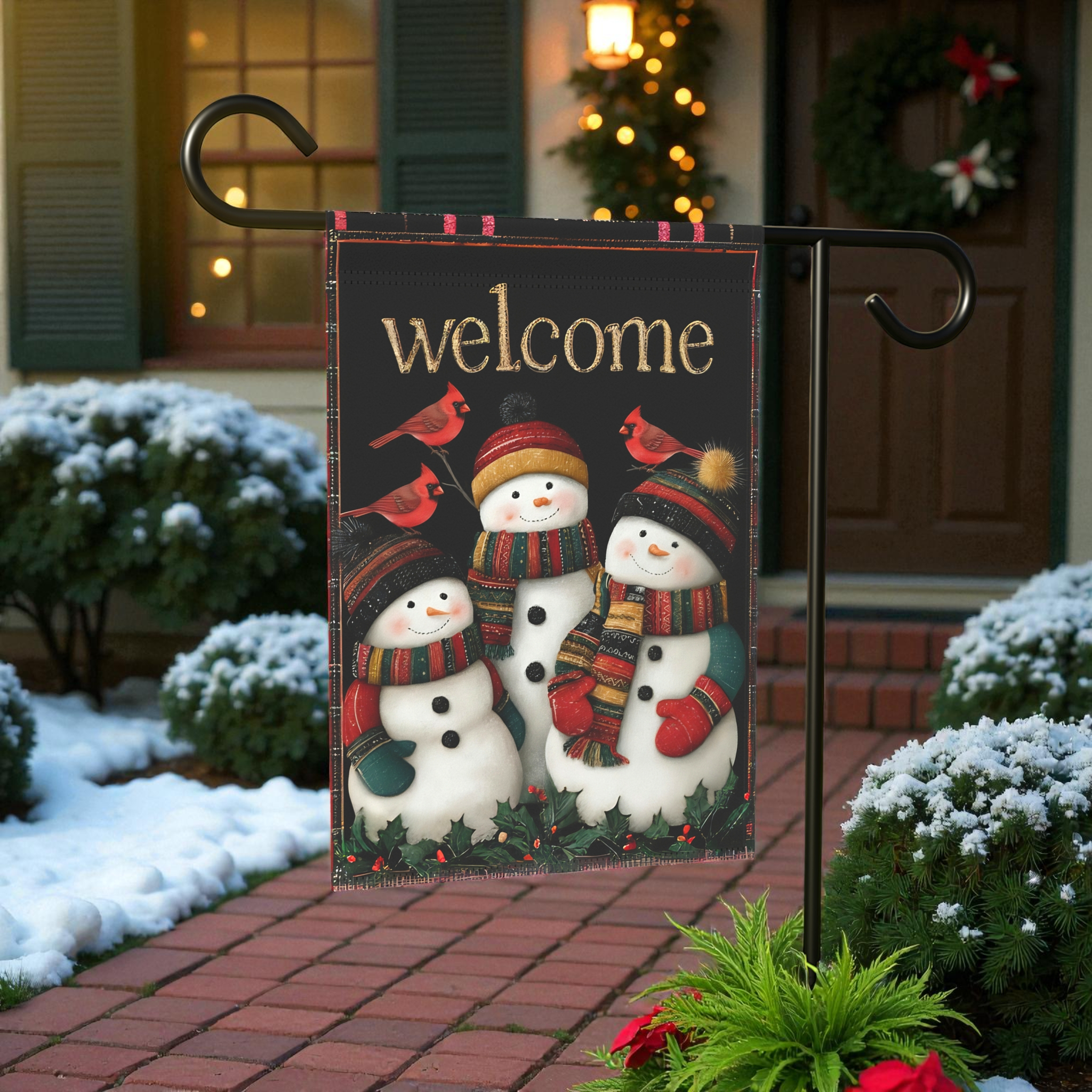 Three Snowmen and Cardinals Welcome Garden Flag