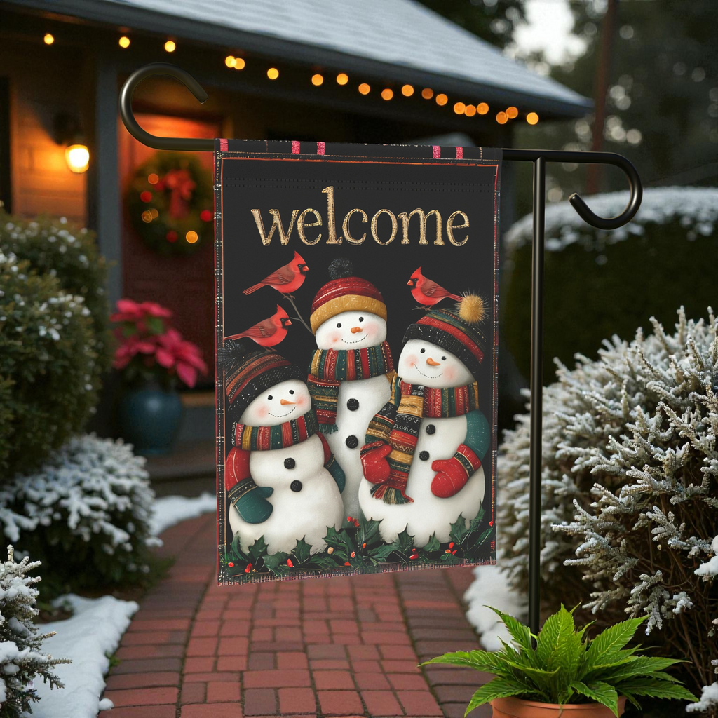 Three Snowmen and Cardinals Welcome Garden Flag