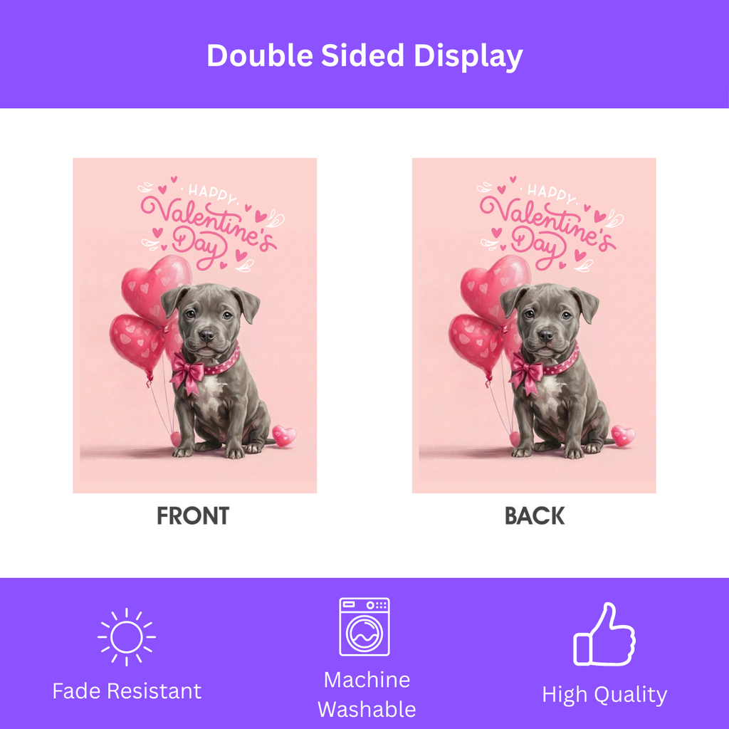 Gray Pitbull Terrier Puppy Happy Valentine's Day Garden Flag - porch decor - Dragonfire Gardens