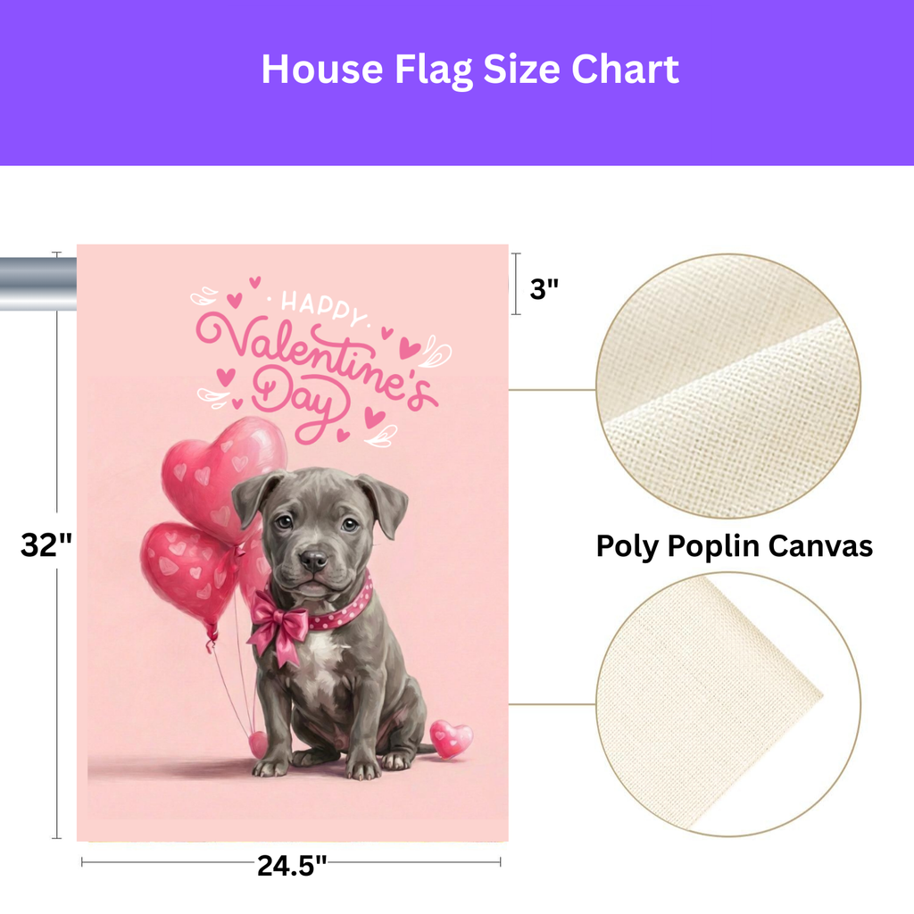 Gray Pitbull Terrier Puppy Happy Valentine's Day Garden Flag - double-sided design - Dragonfire Gardens