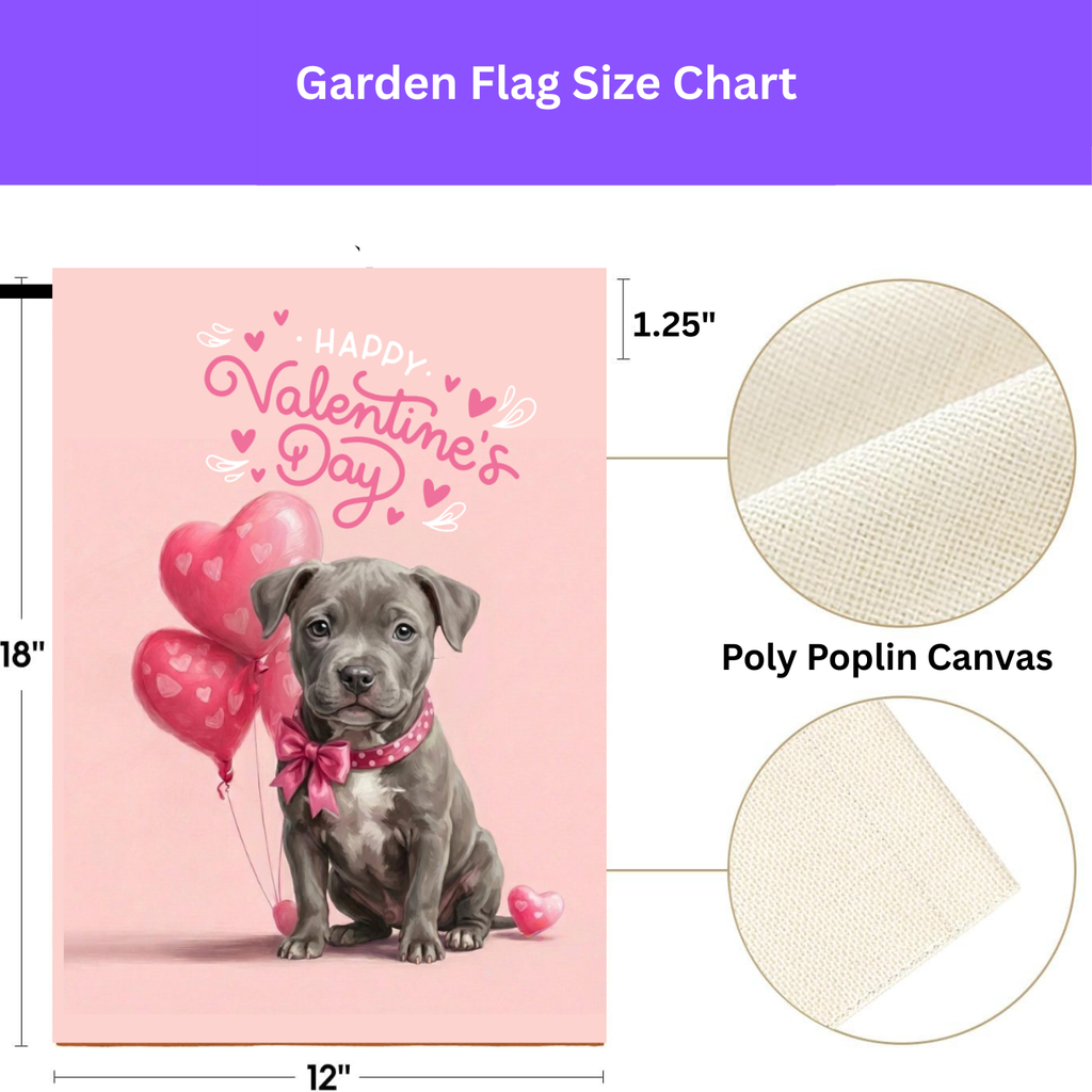 Gray Pitbull Terrier Puppy Happy Valentine's Day Garden Flag - yard display - Dragonfire Gardens