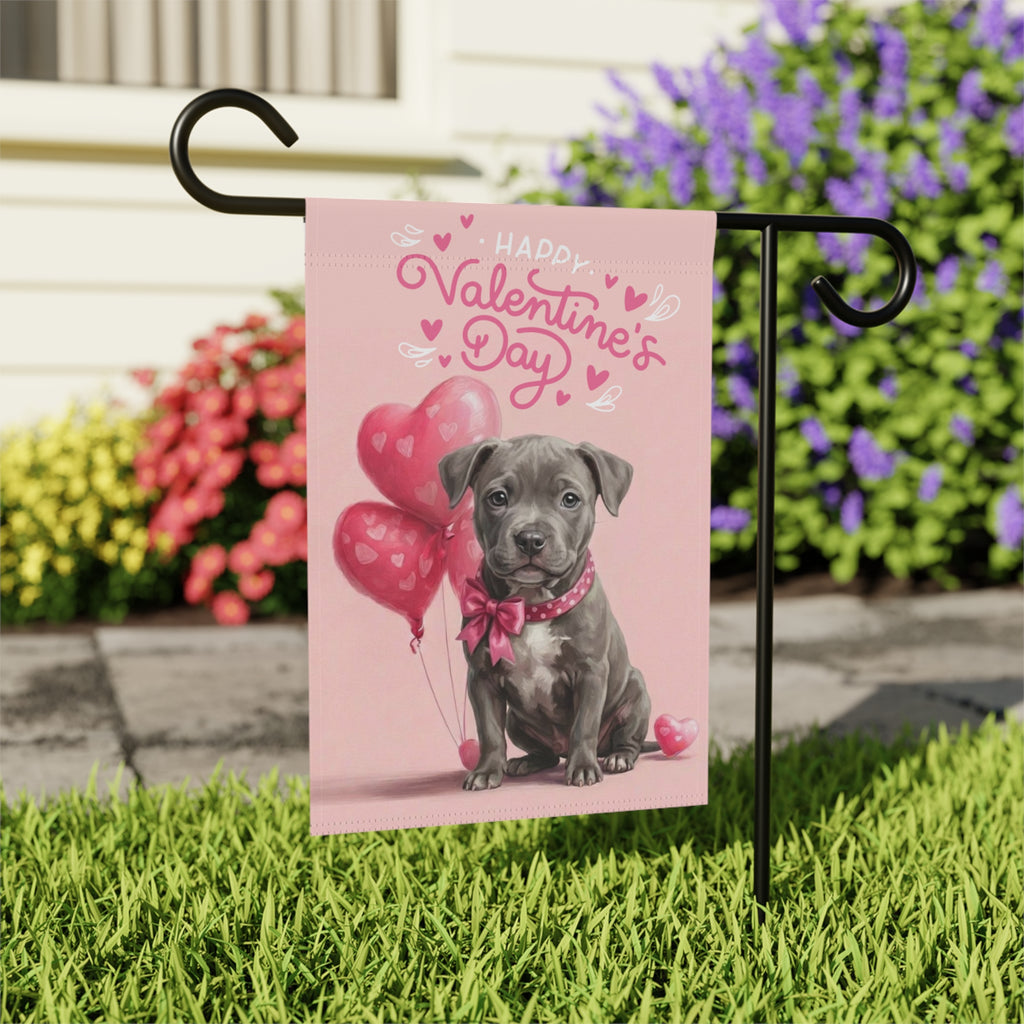 Gray Pitbull Terrier Puppy Happy Valentine's Day Garden Flag - outdoor display - Dragonfire Gardens