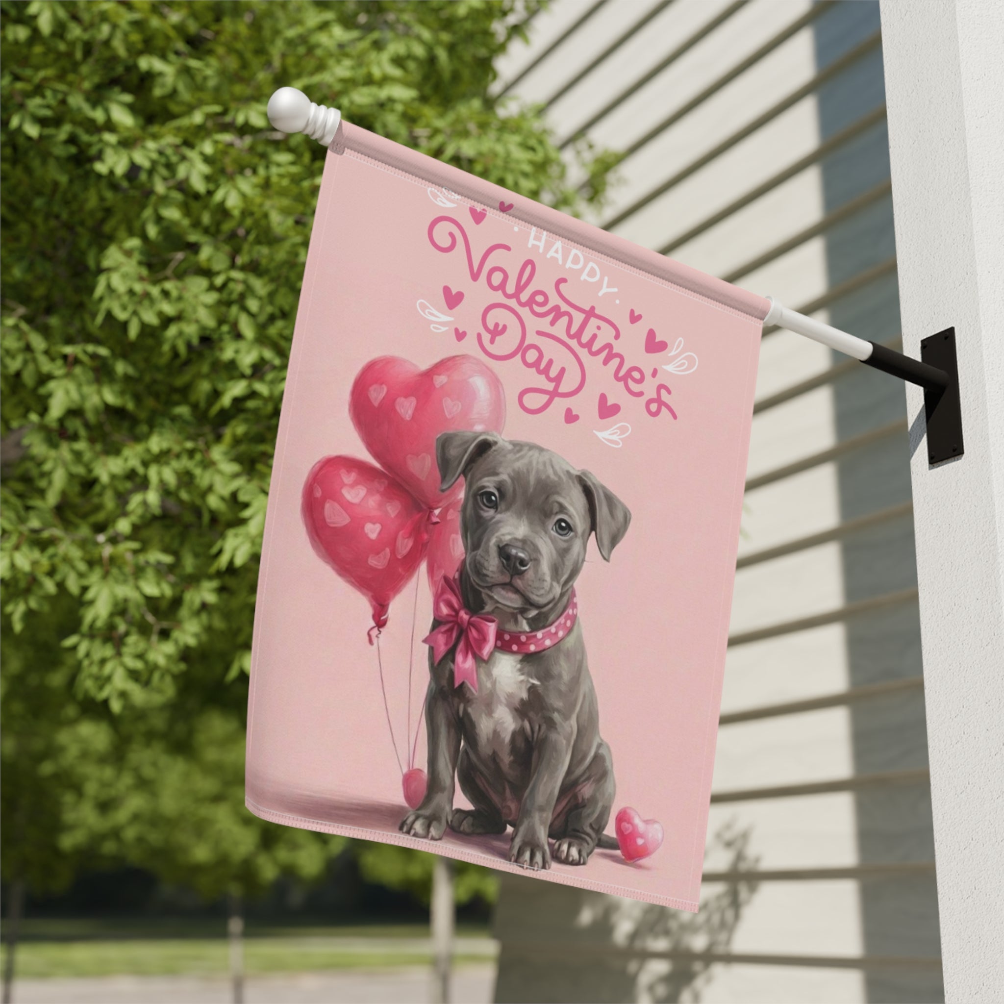 Gray Pitbull Terrier Puppy Happy Valentine's Day Garden Flag