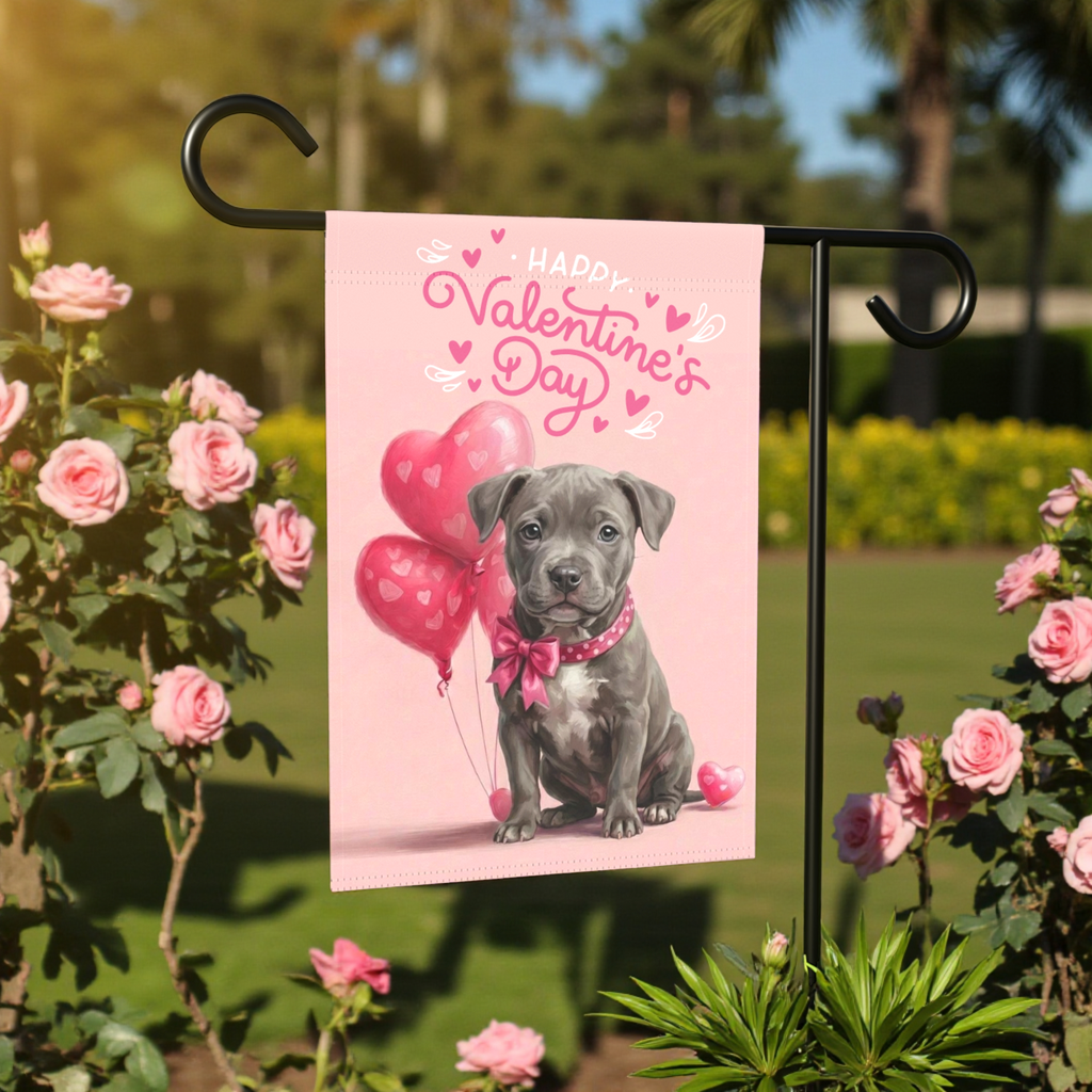Gray Pitbull Terrier Puppy Happy Valentine's Day Garden Flag - front view - Dragonfire Gardens