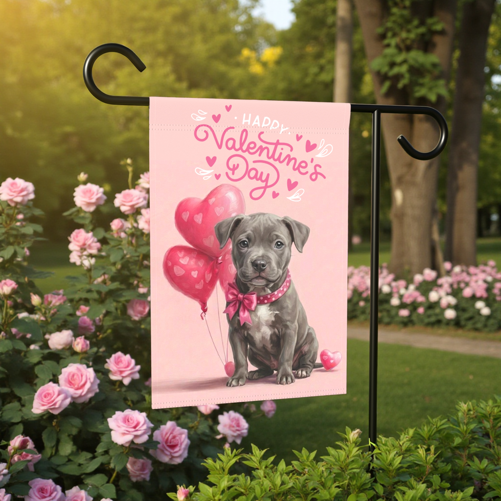 Gray Pitbull Terrier Puppy Happy Valentine's Day Garden Flag - size comparison - Dragonfire Gardens