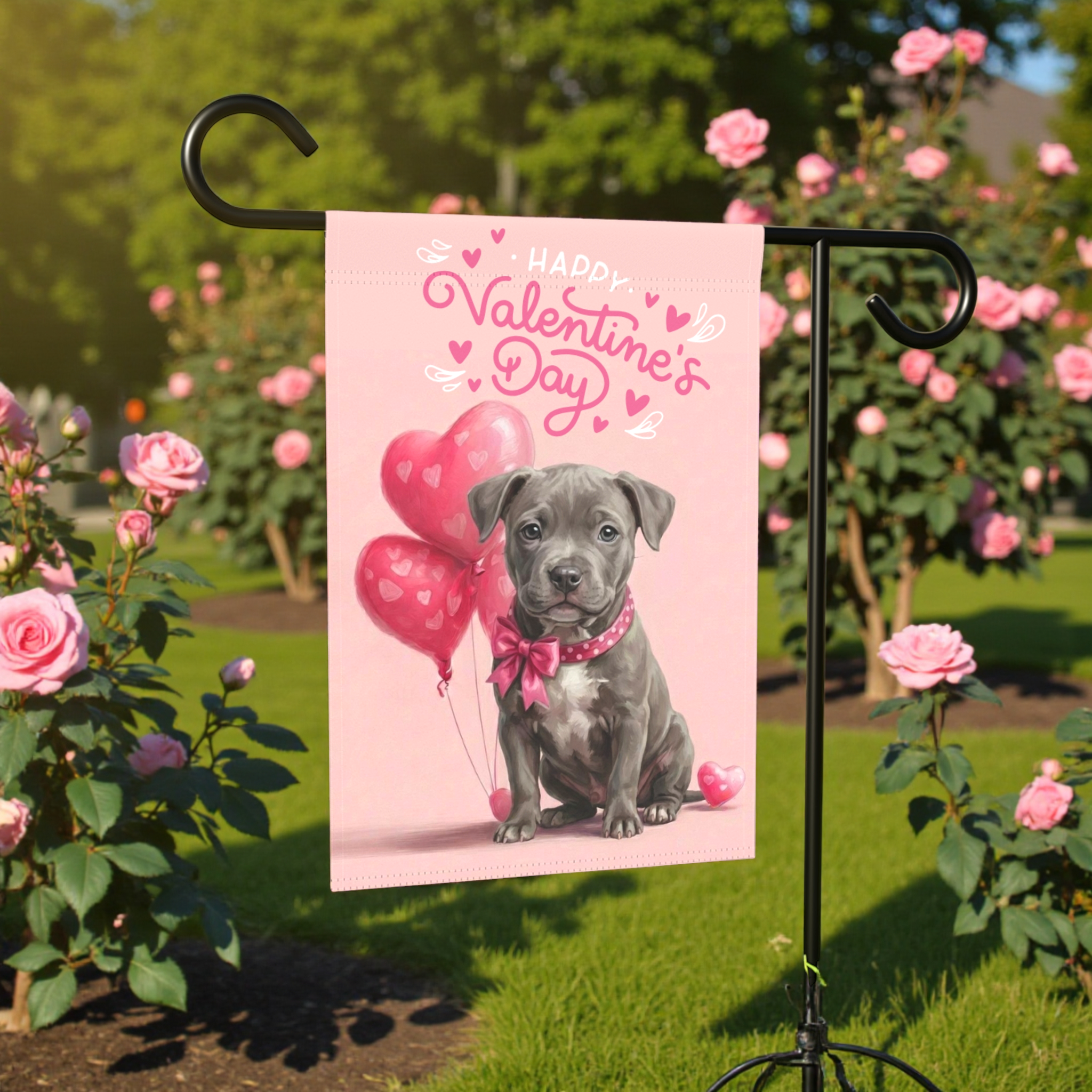 Gray Pitbull Terrier Puppy Happy Valentine's Day Garden Flag - lifestyle display - Dragonfire Gardens