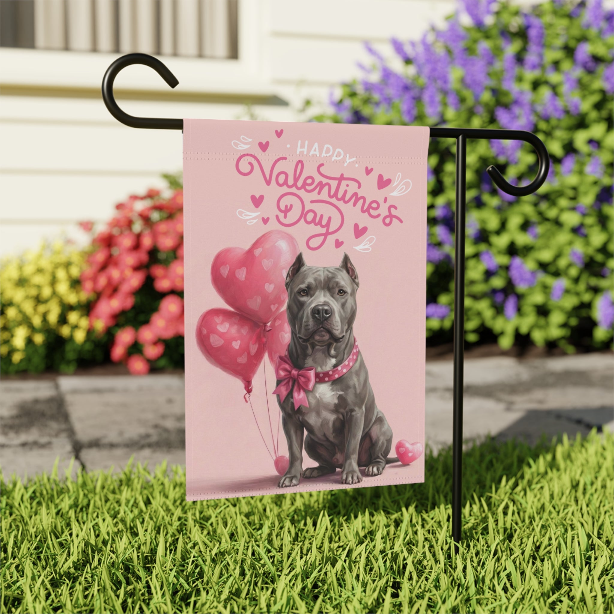 Gray Pitbull Terrier Valentine's Day Garden Flag