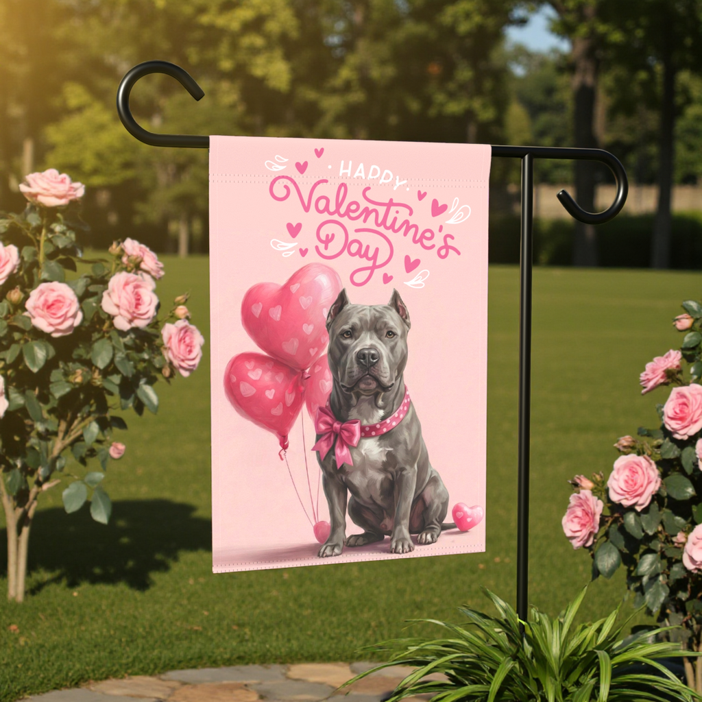 Gray Pitbull Terrier Valentine's Day Garden Flag