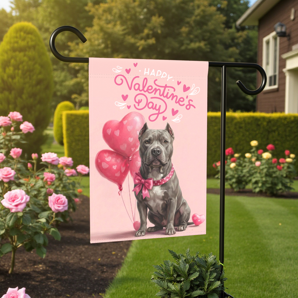 Gray Pitbull Terrier Valentine's Day Garden Flag